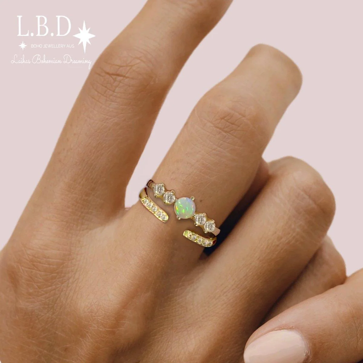 Petite Sparkle Genuine Opal and Topaz Gold Ring Set