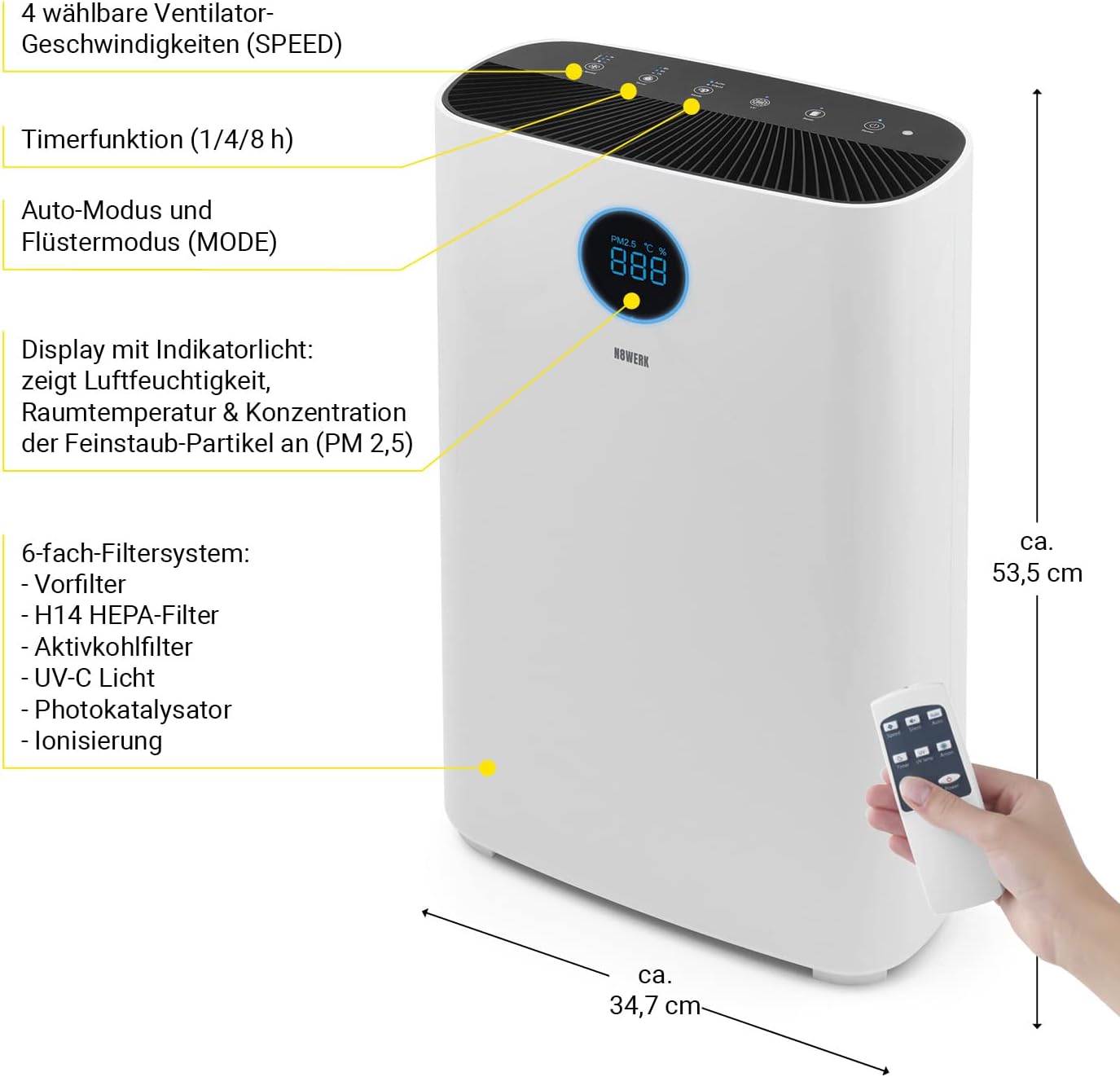 Luftreiniger mit 6-fach-Filtersystem | H14 Filter | CADR: 185 m³/h | Für Allergiker - filtert Pollen, Staub, Bakterien etc. | App-Steuerung | Inkl. UVC- Licht | Raumgröße bis zu 50 m²