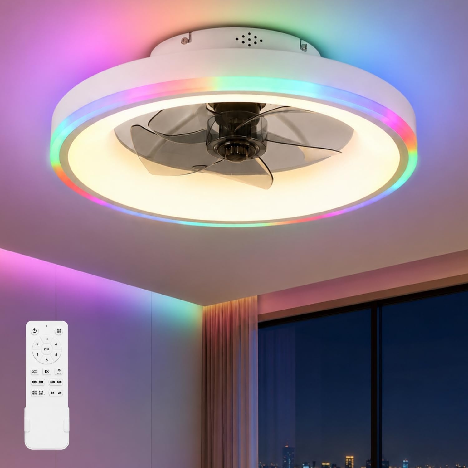 60CM Deckenventilator mit Beleuchtung, RGB Deckenventilator mit Licht und Fernbedienung, Leise Deckenlampe mit Ventilator, 6 Geschwindigkeiten, Dimmbare, Timer, für Schlafzimmer, Weiß