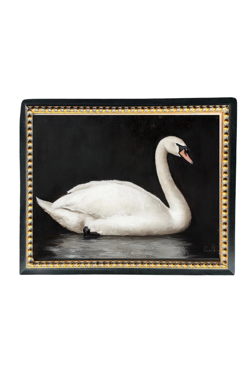 Moody Swan | Gold Beaded Black French Framed Art
