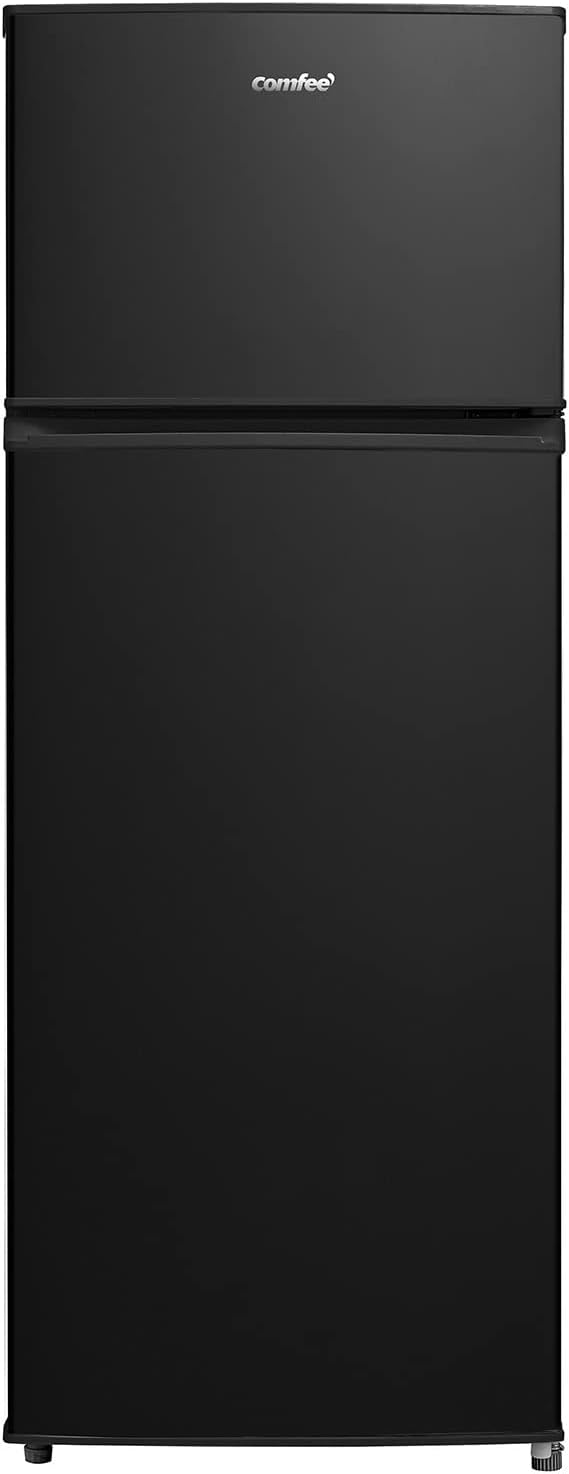 Comfee RCT284DK2 Kühl-/Gefrierkombination/Gefrierteil oben / 176 kWh/Jahr / 143cm Höhe/LED Licht/Reversibles Türscharnier/Sicherheitsglas, Schwarz