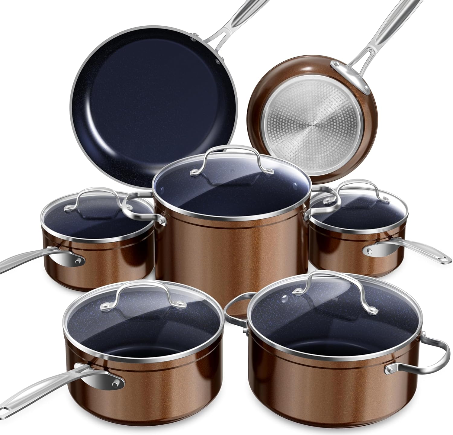 Nuwave Healthy Duralon Blue Ceramic Nonstick Cookware Set, Diamond Infused Scratch-Resistant, PFAS Free, Dishwasher & Oven Safe, Induction Ready & Evenly Heats, Tempered Glass Lids & Stay-Cool Handles