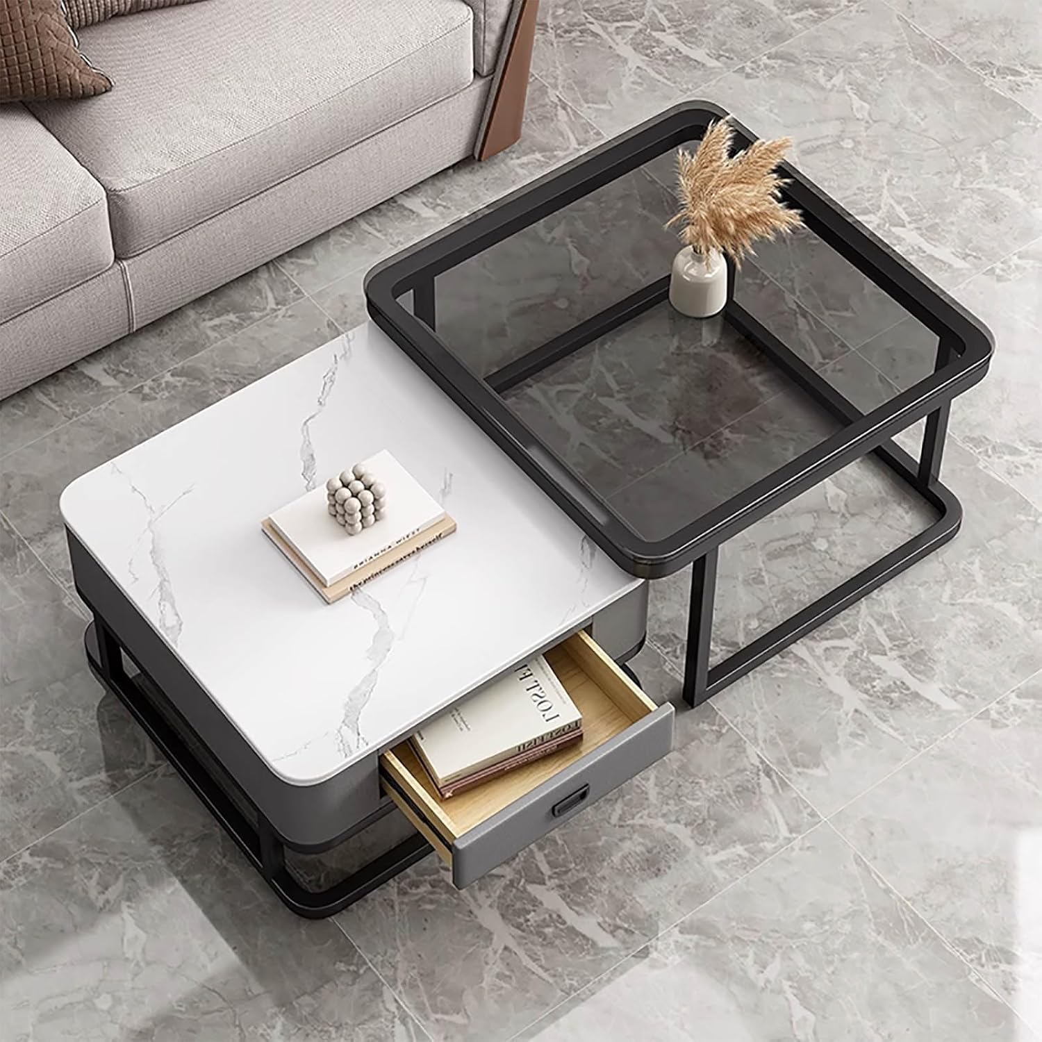 Quadratischer Couchtisch Gold Set aus 2 Glas Couchtisch mit Metallrahmen Kaffeetische für Wohnzimmer Aufbewahrung Couchtisch Moderne Design Home Easy Assembly für Wohnzimmer Büro Schlafzimmer