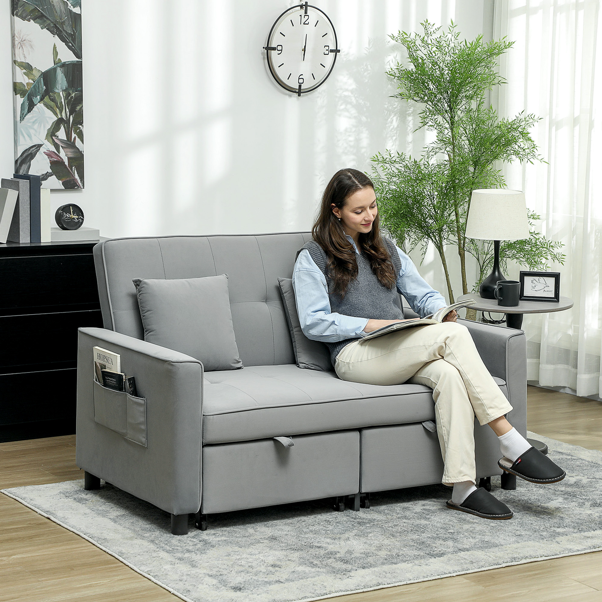 HOMCOM 4-in-1 Sofa, Verstelbare Bank, Bedbank, met Kussens, Stoffen Bekleding, voor Woonkamer, Slaapkamer, Grijs