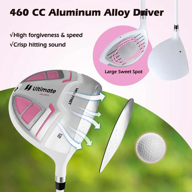 Women's Right Hand Complete Golf Club Set, 12 Pieces Golf Club Package Set with 460CC Driver, Irons 5-SW, Putter, Golf Cart Bag & Rain Hood