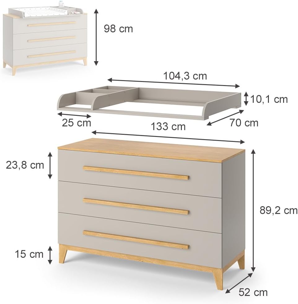 VitaliSpa Wickelkommode Malia, Weiß/Eiche, 133 x 98 cm XL mit 3 Schubladen