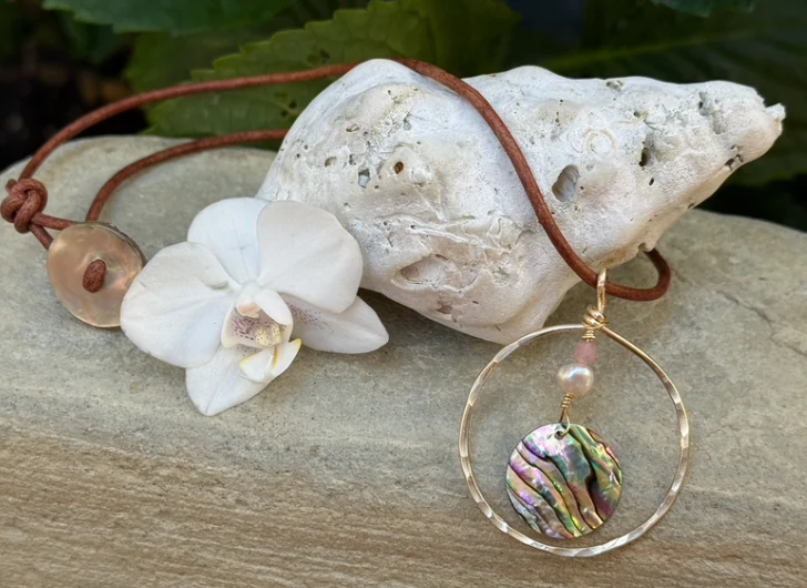Hammered Gold Pendant w/ abalone on tan leather