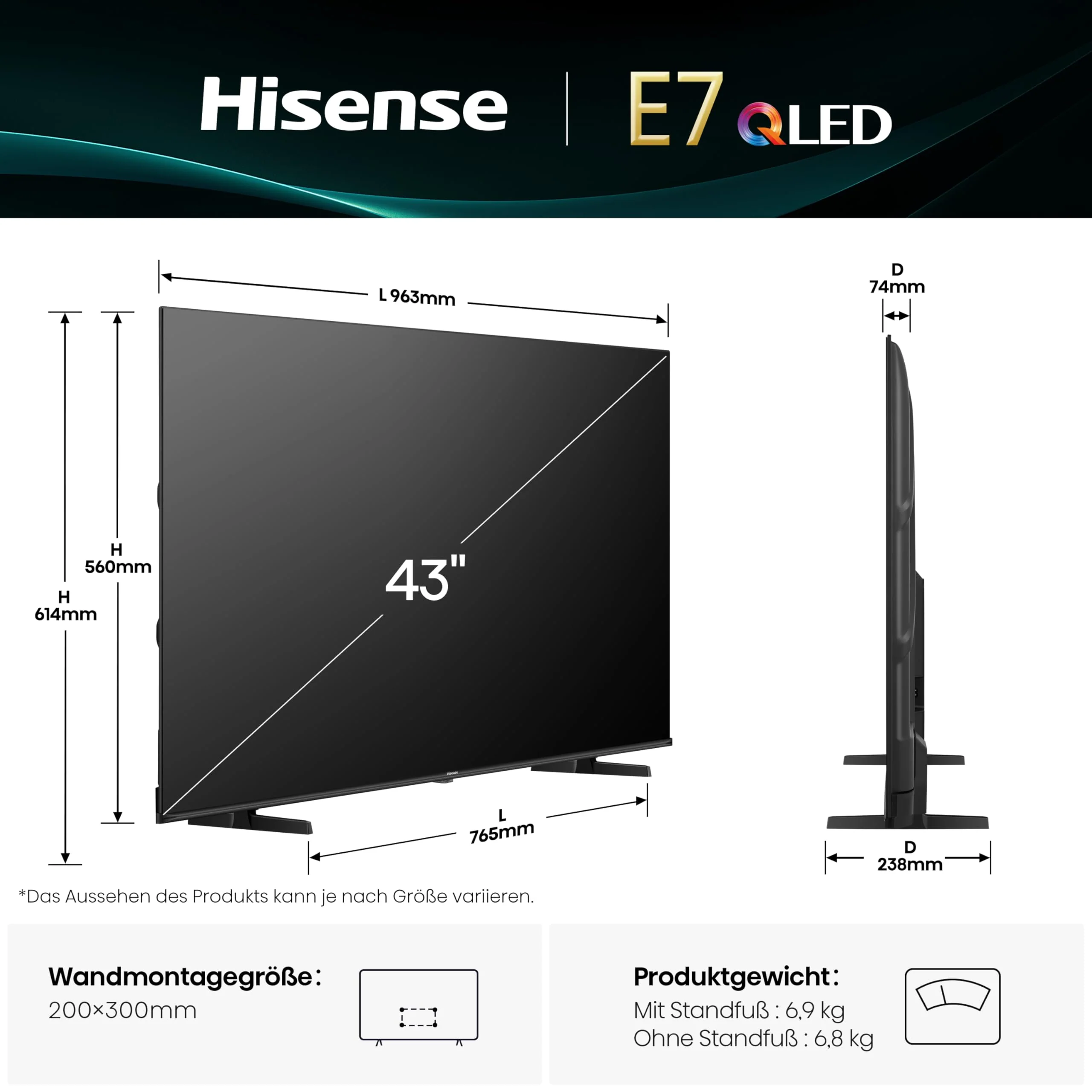 Hisense 43E7Q Fehrnseher, 43 Zoll, 4K UHD QLED, Smart TV, Game Mode Plus, Filmaker Mode, Dolby Vision Atmos, HDR10, HLG, HDR Immersive, AI 4K Upscaler, Dolby MS12, DTS X, Sprachsteuerung [2025]