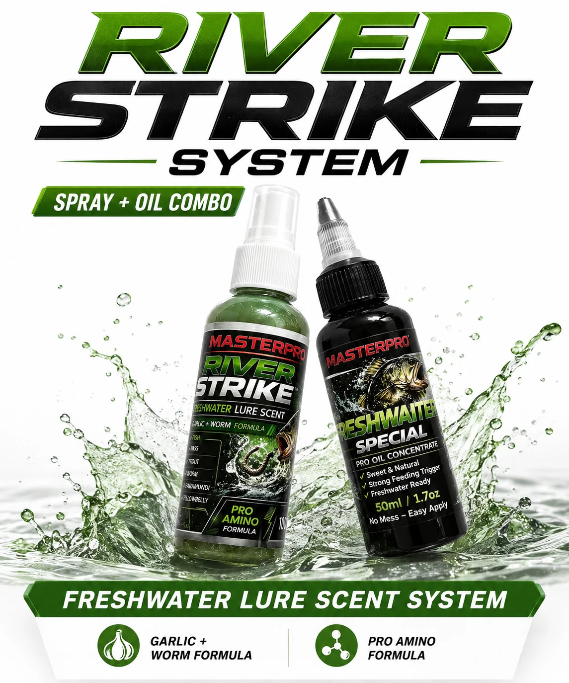 MASTERPRO River Strike System �?Freshwater Lure Scent Spray + Oil Combo
