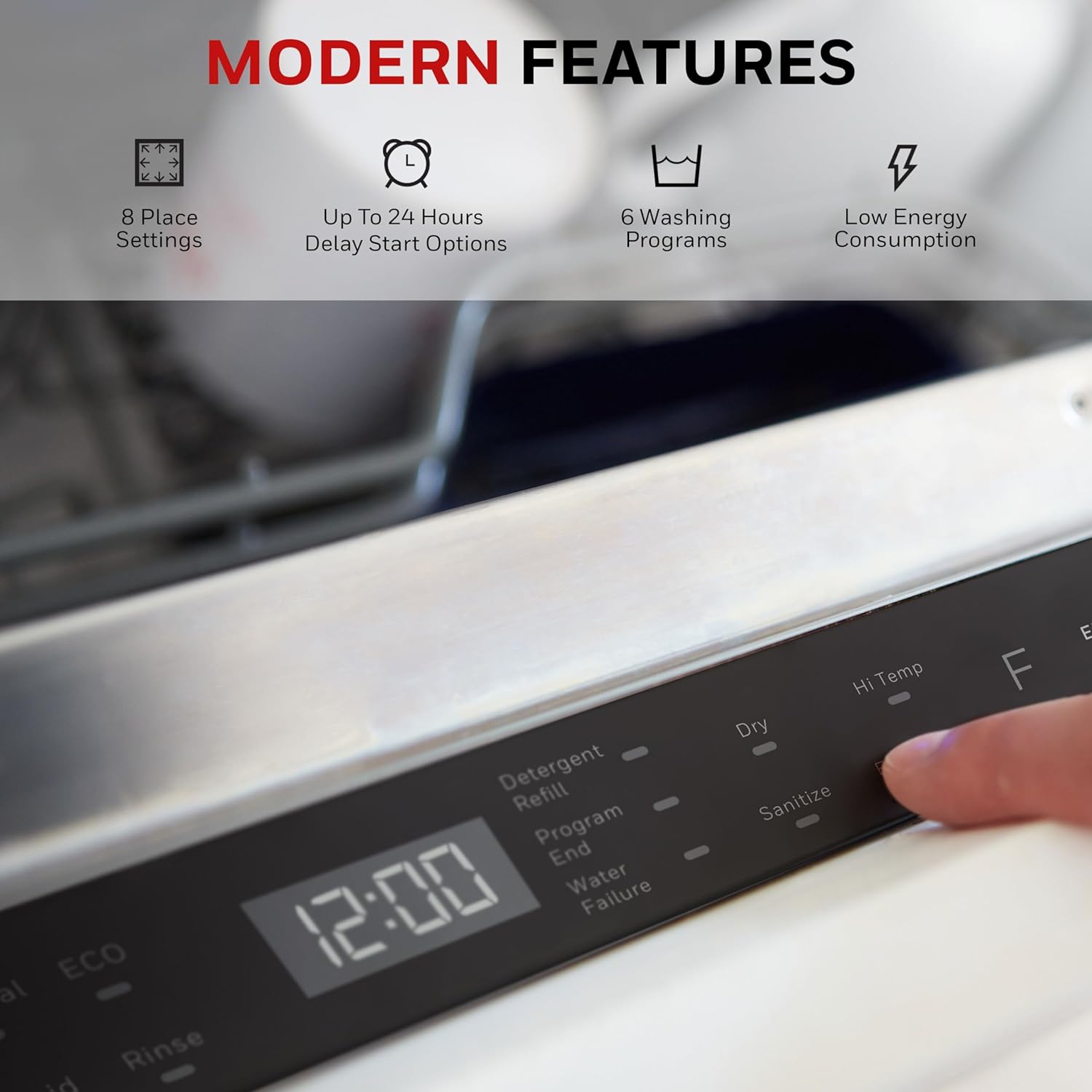 Honeywell 18 Inch Dishwasher with 8 Place settings, 6 Washing Programs, Stainless Steel Tub, UL/Energy Star  Stainless Steel