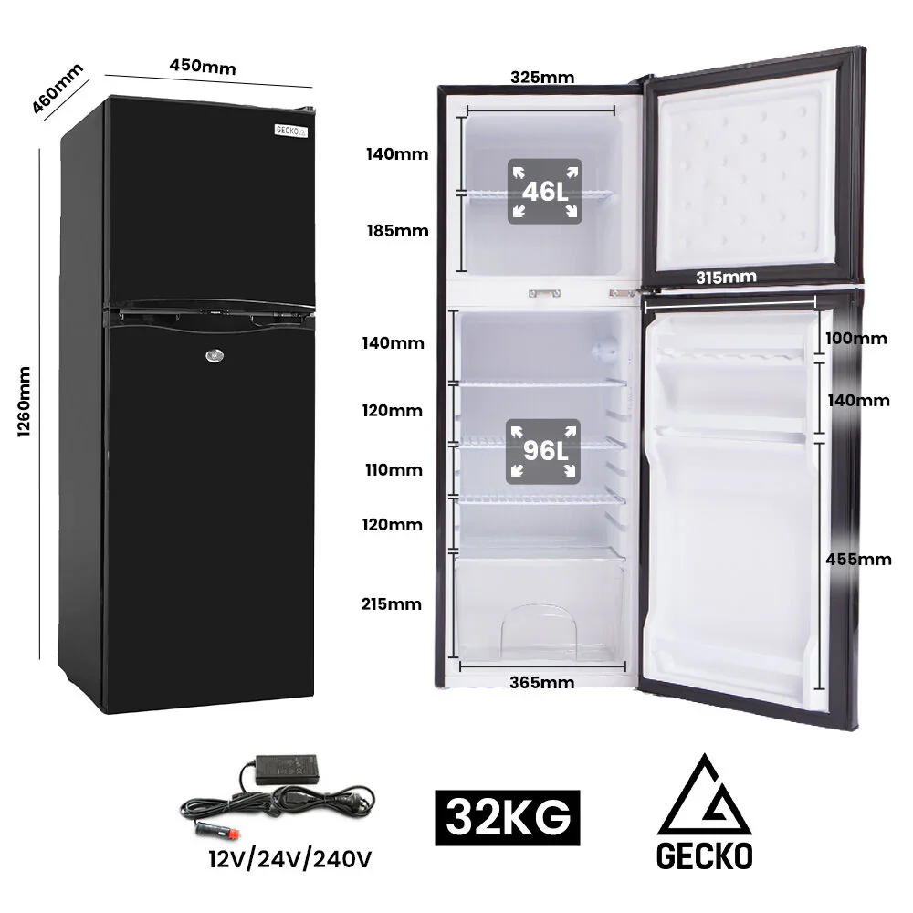 GECKO 142L álló hűtőszekrény/fagyasztó, 12V/24V/240V lakóautóhoz és lakókocsihoz, fekete
