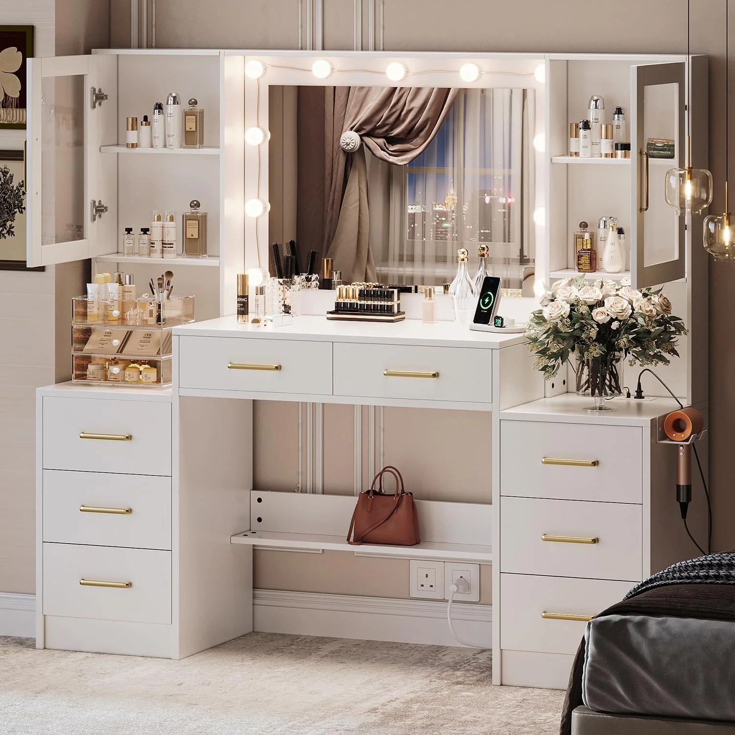 Black Vanity Desk with Mirror, Lights & Charging Station, 58.3