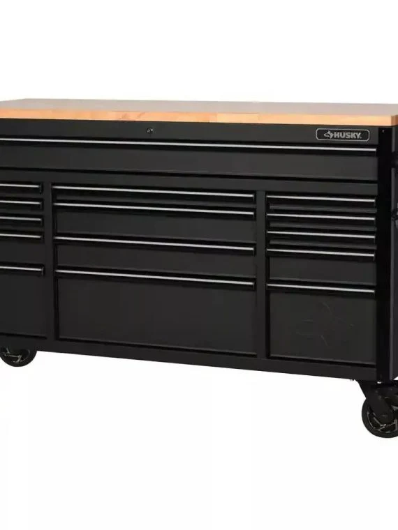 Nagy teherbírású, 15 fiókos mobil munkaasztal tömörfa tetővel, 155 cm (61 in) széles x 58 cm (23 in) mély