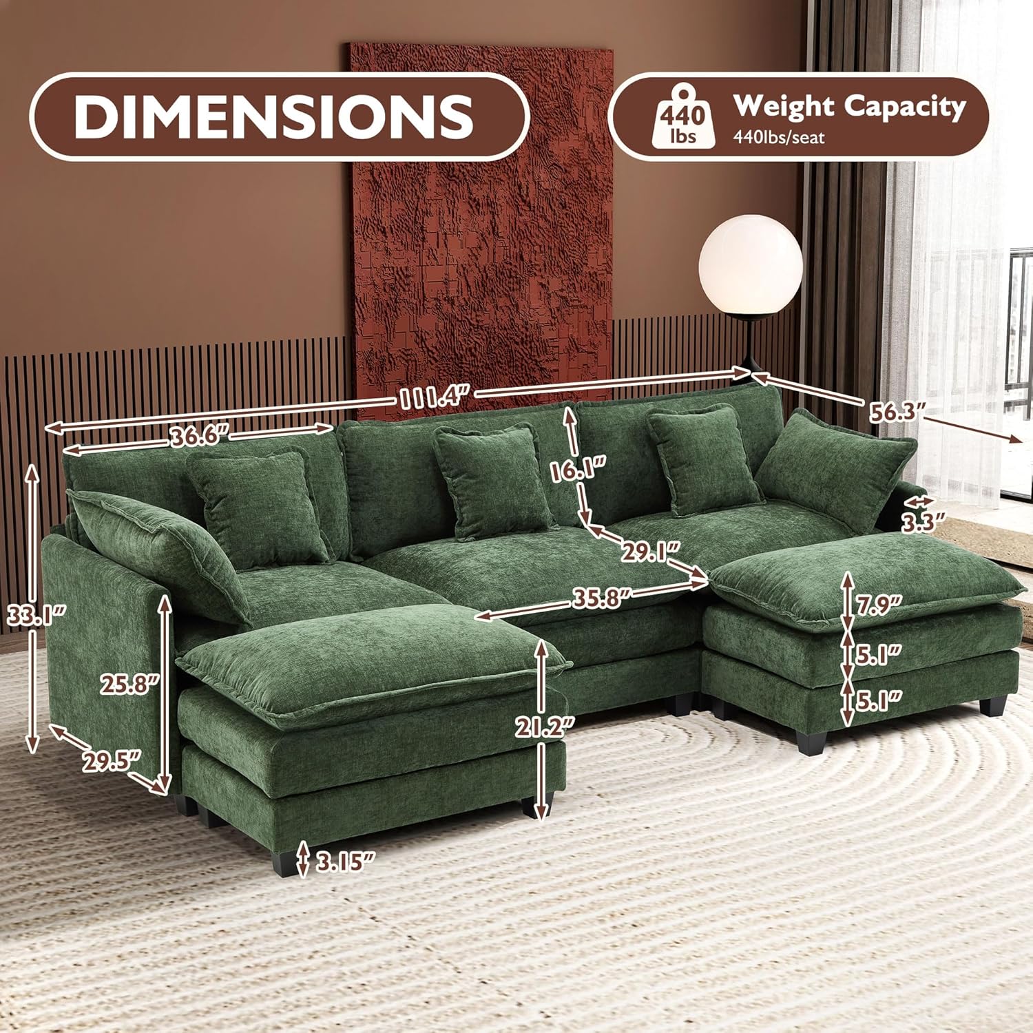 111.4 Inch L-Shaped Modern Sofa Modular Cloud Sofa Ottoman 4-Seater Chenille Deep Seat Sofa