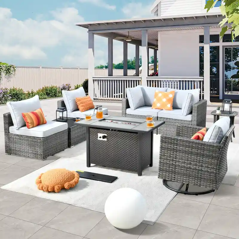 HOOOWOOO 8-piece Rattan Wicker Patio Furniture Set with Fire Pit