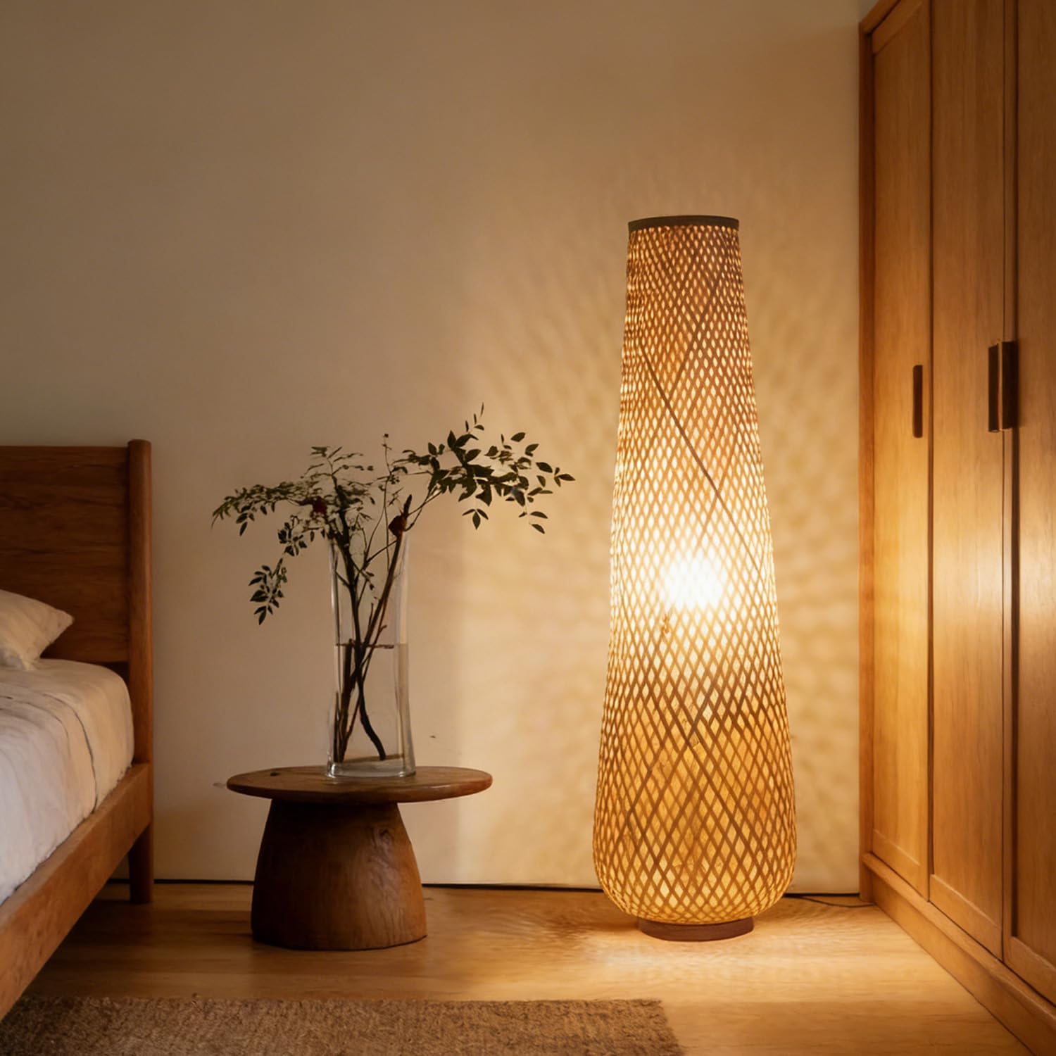 MIXL-Farmhouse Style Bamboo Floor Lamp,Large Wicker Indoor Floor Light,Boho Standing Light Plug in,Modern Minimalist Standing Lamp for Living Room Bedroom