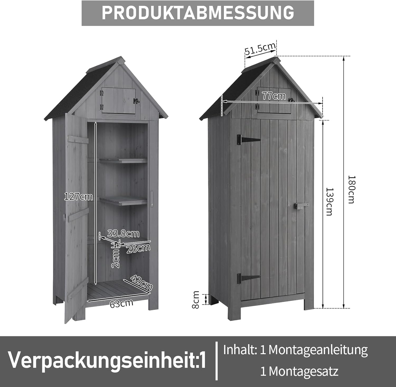 LEADZM Gartenschrank Holz für Außenbereich, gartenhaus Holz, Grau, 3 Regalböden, geräteschuppen für Garten, Terrasse, 77 X 54 X 180 cm