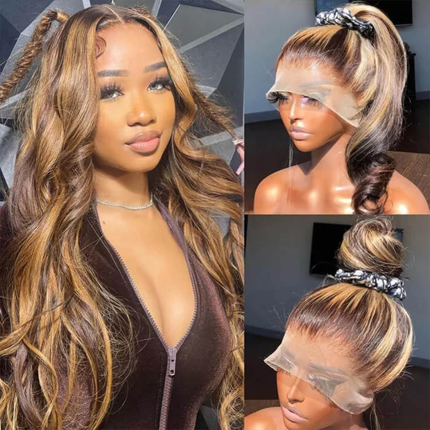 360 Lace Frontal Wigs With Hidden Strap #427 Highlight Snug Fit Affordable Body Wave Water Wave 220% Density Human Hair Wig