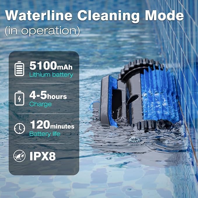 EVERCROSS BOT U8 Robot Piscine Fond et Parois, Robot Piscine sans Fil avec Nettoyage de la Ligne d'eau, 120 Min Autonomie, Navigation Intelligente, Stationnement Automatique, Piscines 200㎡