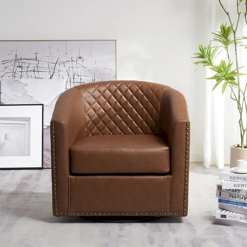 KINWELL 29 Wide Tufted PU Leather Swivel Barrel Chair
