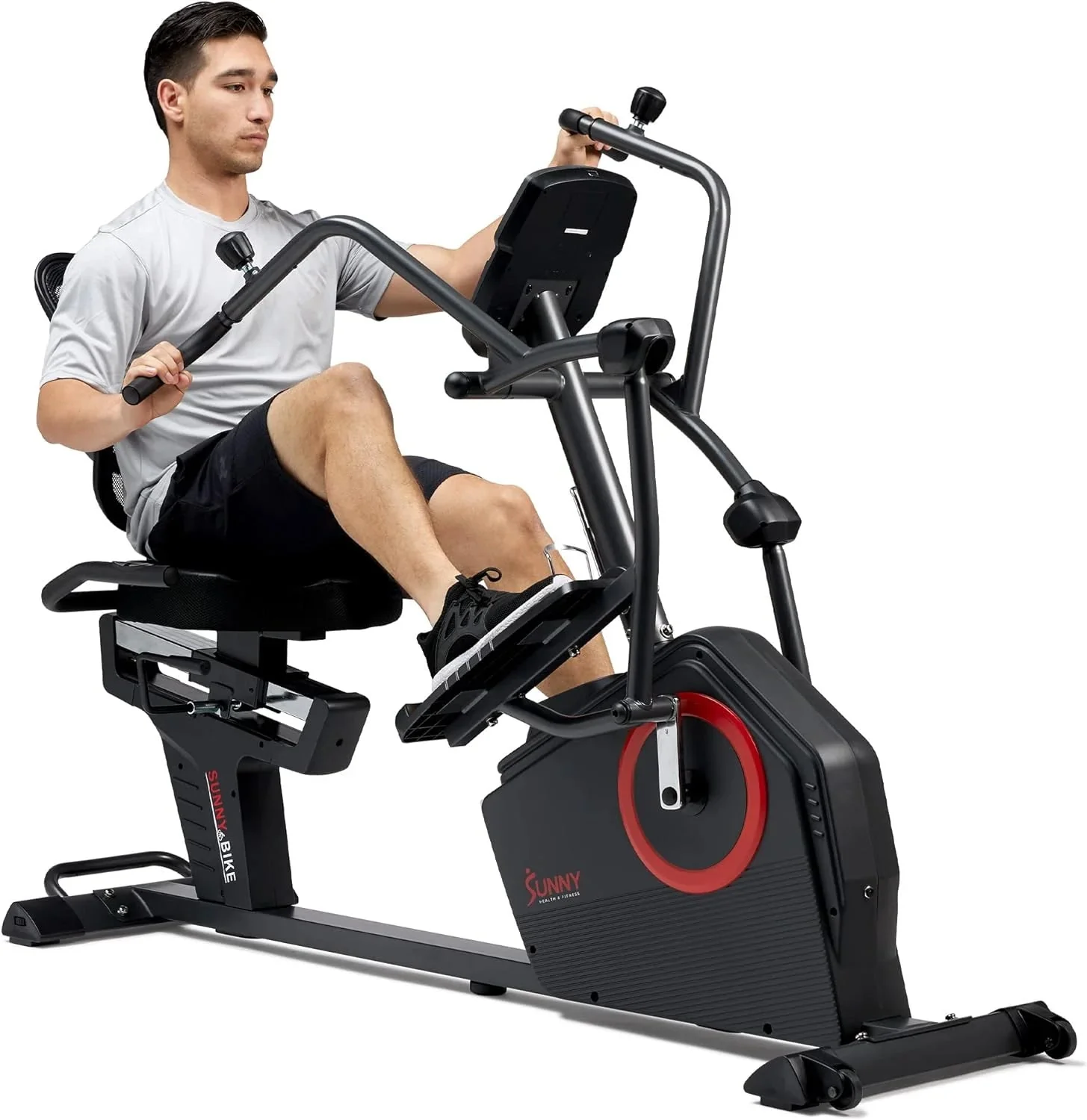 Sunny Health & Fitness Electromagnetic Recumbent Cross Trainer Exercise Elliptical Bike w/Arm Exercisers, Easy Access Seat & Exclusive SunnyFit庐 App Enhanced Bluetooth Connectivity - SF-RBE4886SMART��