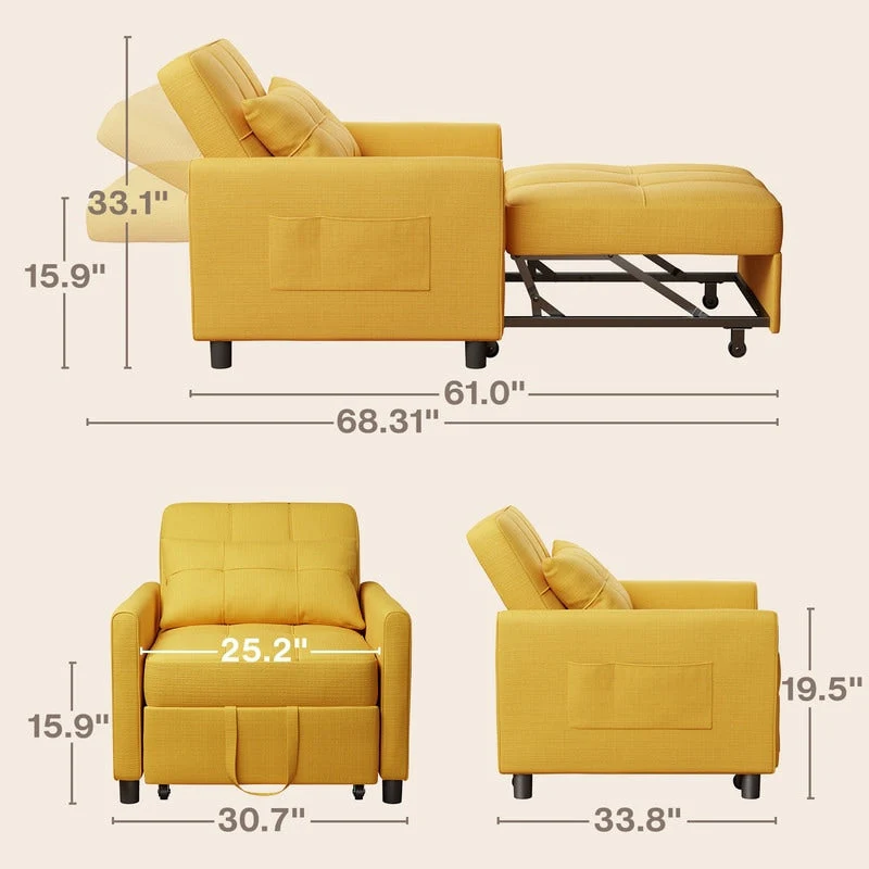 3-in-1 Adjustable Sleeper Sofa Bed, Pull Out Chair Sofa, Convertible Folding Bed for Living Room