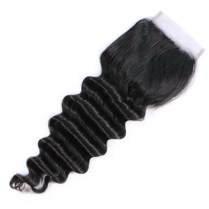 4x4 Pre Plucked Lace Closure Peruvian Loose Deep Wave Free Part 100% Black Virgin Hair 10-20 Inch
