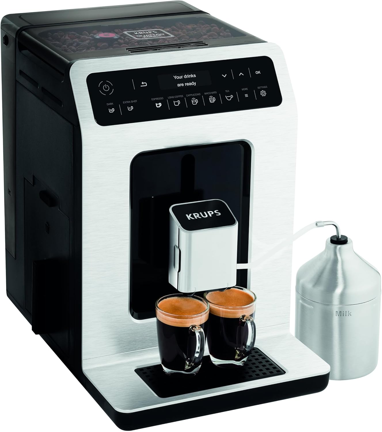 Krups Evidence Kaffeevollautomat mit Milchschaumdüse & 2-Tassen-Funktion, für Espresso, Cappuccino & Latte Macchiato mit cremigem Milchschaum & automatischer Reinigung, Silber/Schwarz, EA891D10