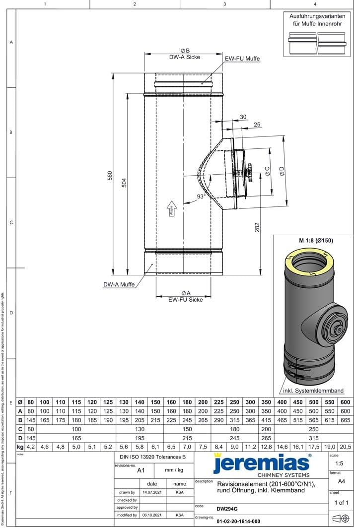 Jeremias DW-FU Längenelement 225mm Edelstahl doppelwandig mit Revision für Festbrennstoffe bis 600°C N1 Abgassystem