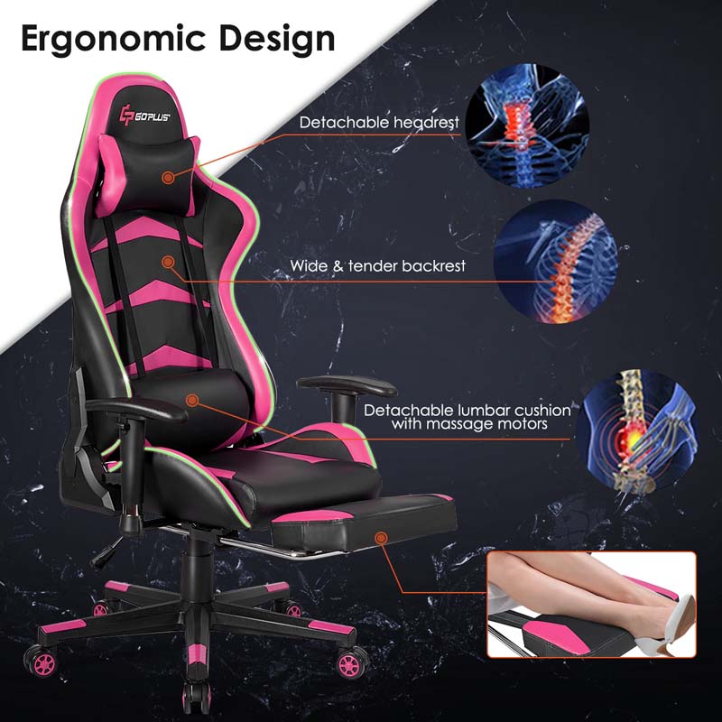 Led Massage Gaming Chair Height Adjustable Racing Computer Office Chair With Footrest Ergonomic High Back Pu Swivel Game Chair - Comfortable And Ergonomic Design