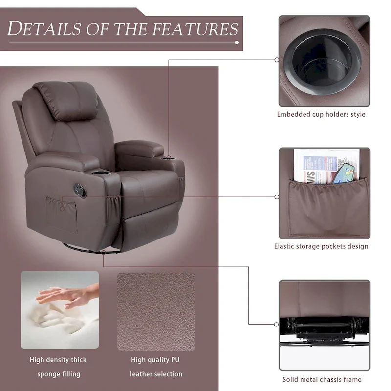 Massage Recliner Chair Swivel Heating Faux Leather Living Room Chair