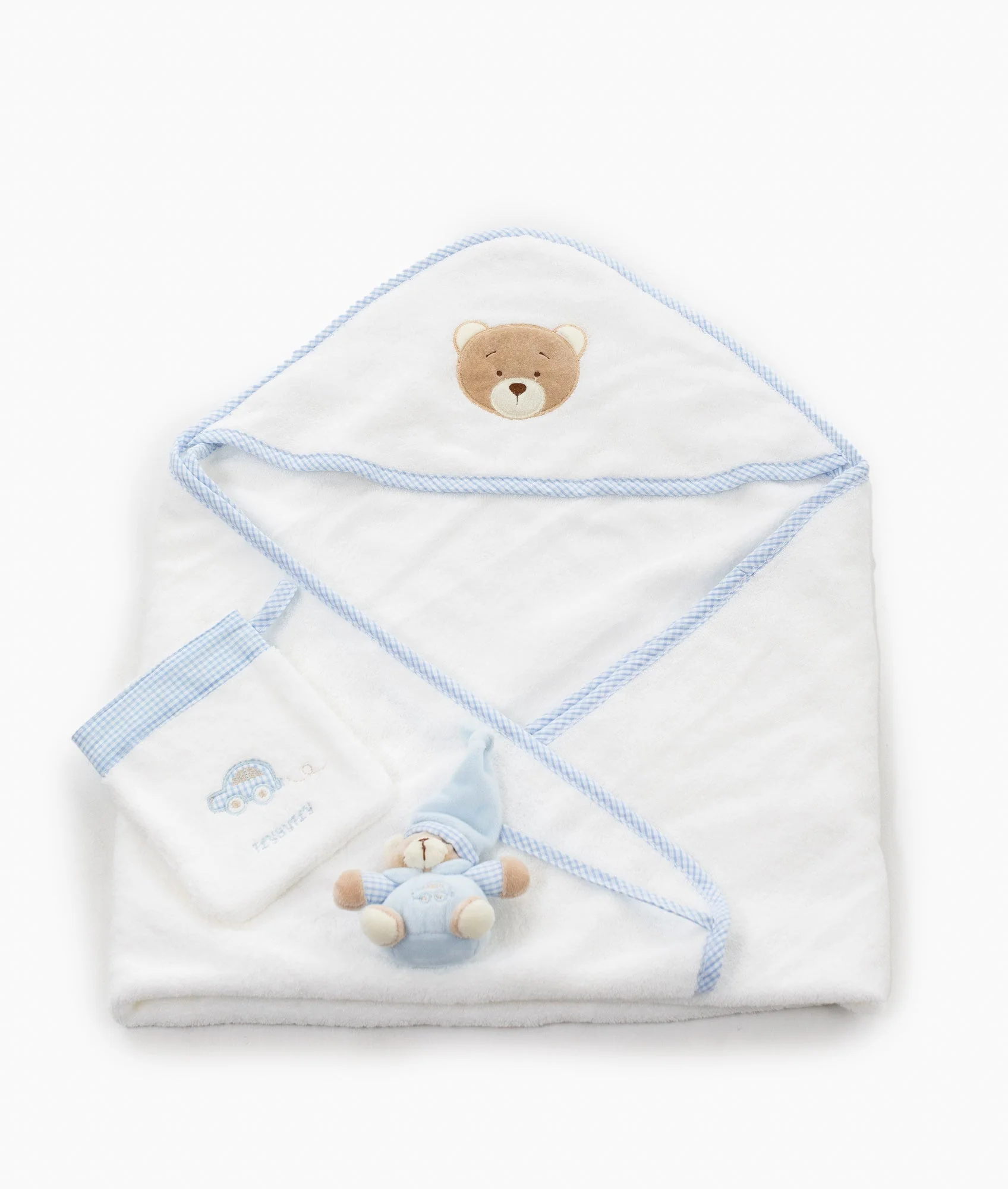 Hooded Towel with Mitt & Toy | White & Blue