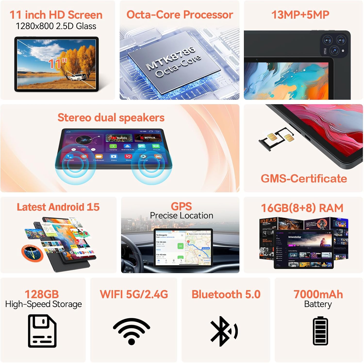 2026 Latest 11 Inch Tablet Android 15 Tablets with Octa Core Processor 16GB RAM 128GB ROM 1TB Expand Tablet with 7000mAh Battery, 21MP Camera, FHD Screen, GPS, 5G WiFi+2.4G WiFi, Deal Speaker, BT 5.0