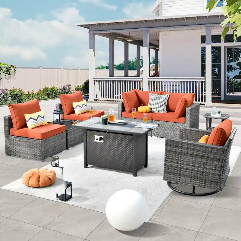 HOOOWOOO 8-piece Rattan Wicker Patio Furniture Set with Fire Pit