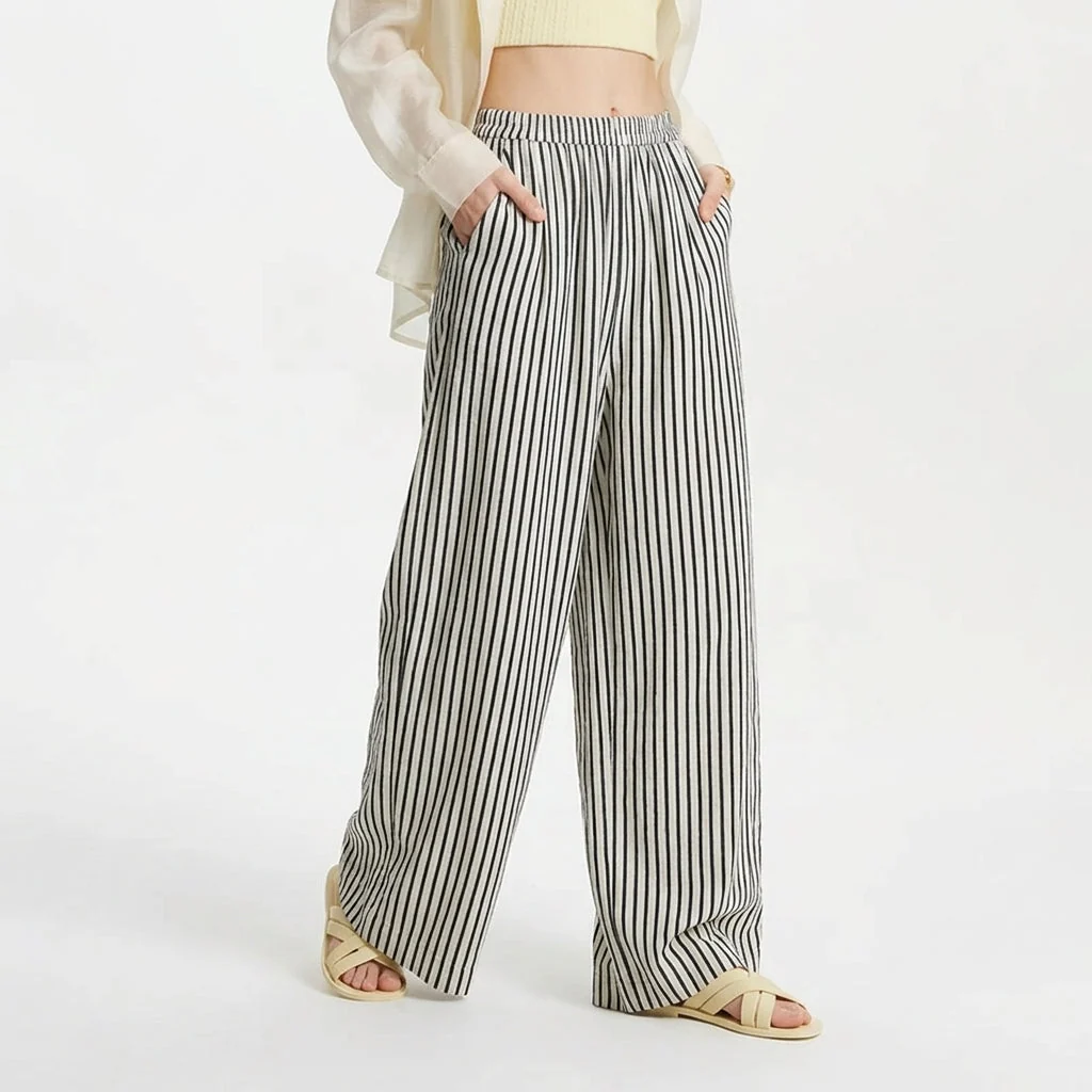 Women��s Wide Leg Linen Trousers Striped Design for Summer