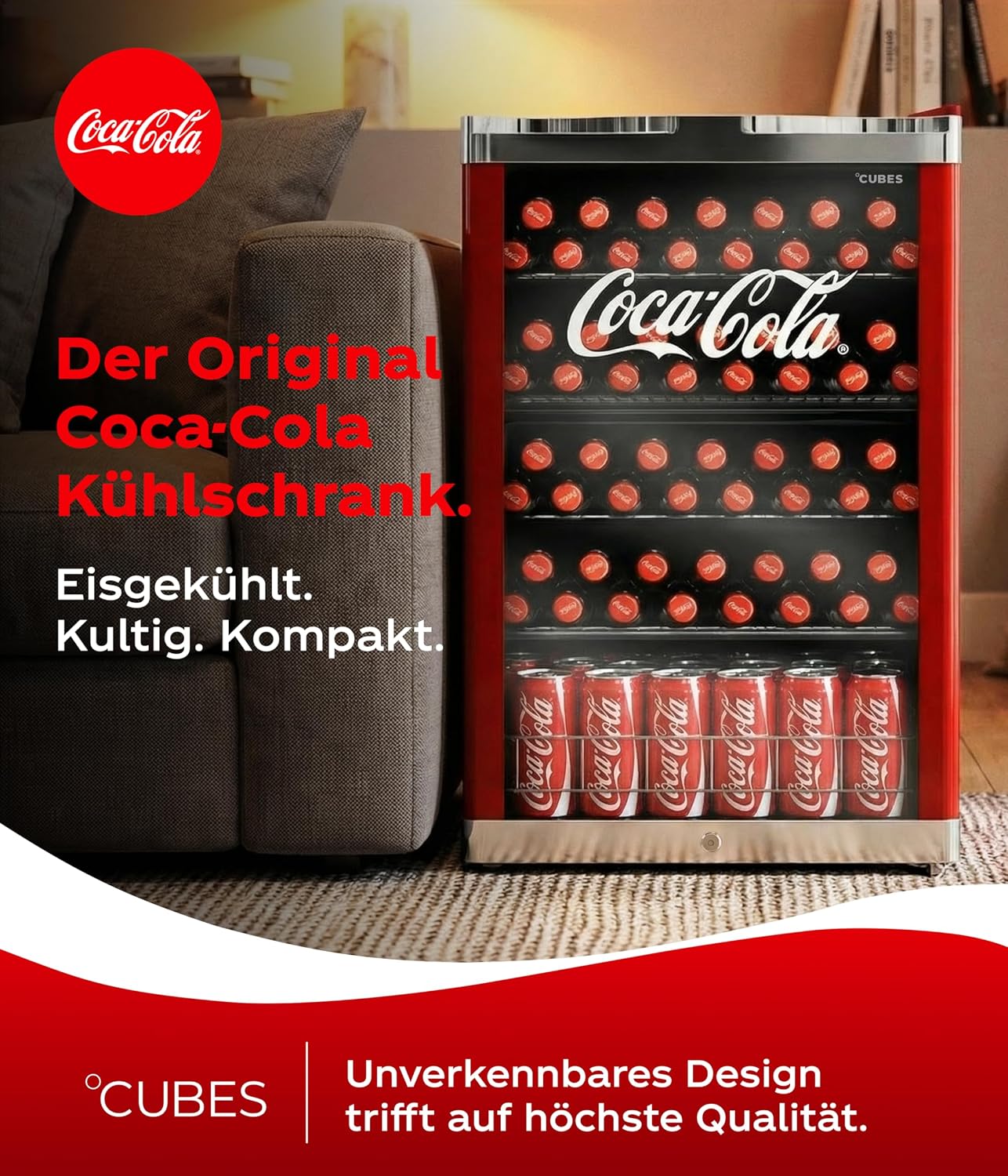 °CUBES Coca Cola Kühlschrank 115L | Getränkekühlschrank groß mit Glastür, perfekt für Partys & Gewerbe | Energieeffizient, 84,5 cm hoch, 104 kWh/Jahr - Flaschenkühlschrank groß