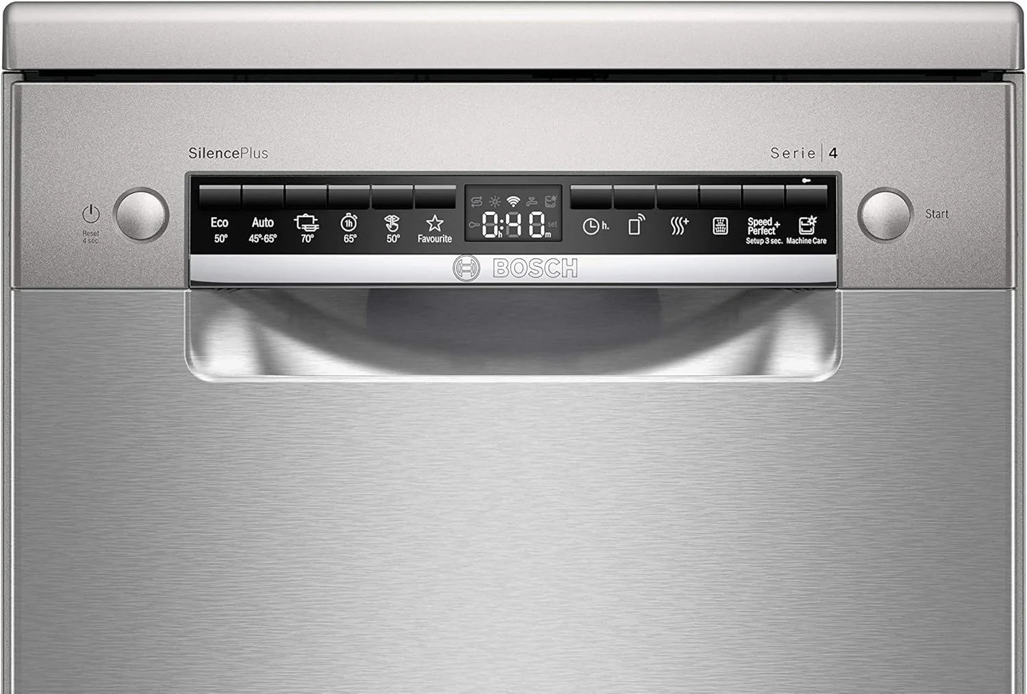 Bosch SPS4HMI61E Serie 4 Lavastoviglie a libera installazione / E / 45 cm / Acciaio inox / 76 kWh/100 cicli / 10 coperti / SuperSilence / Extra asciugatura / VarioCassetto / Home Connect