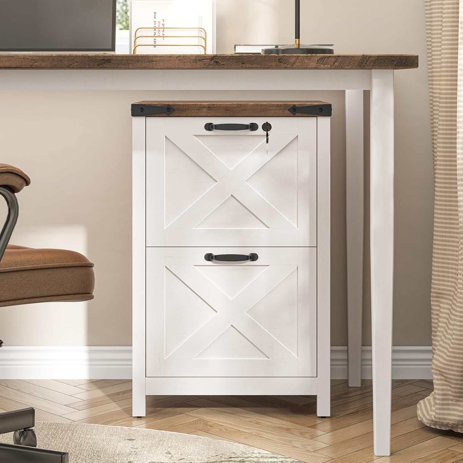 Halitaa 2 Drawer Small File Cabinet with Lock, Farmhouse Vertical Filing Cabinet Fits Letter and A4 Size, Under Desk Wooden File Cabinets for Home Office, Printer Stand, Rustic White