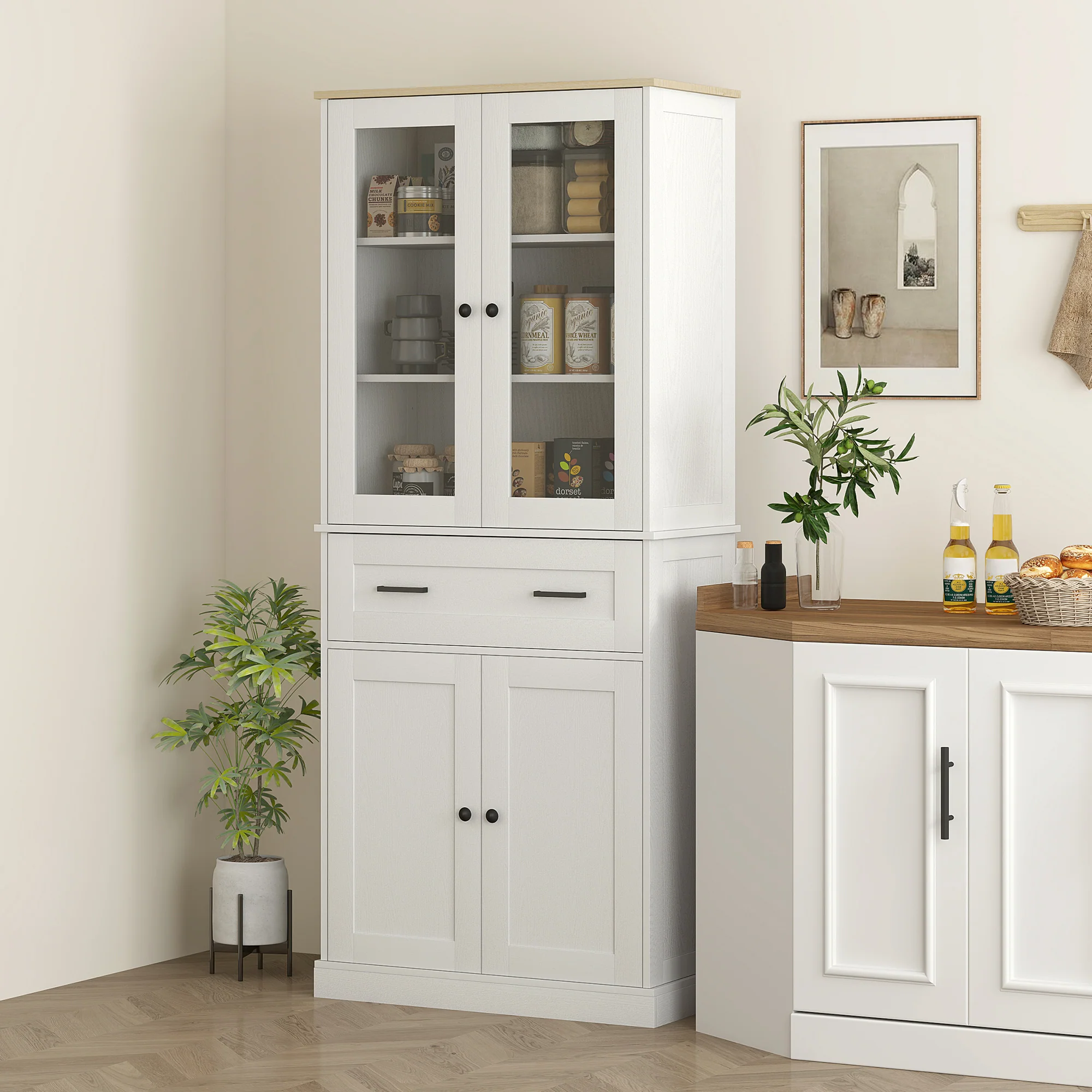 HOMCOM Keukenkast, Buffet, Acrylfront, Lades, 76 x 40 x 182,5 cm, Crèmewit