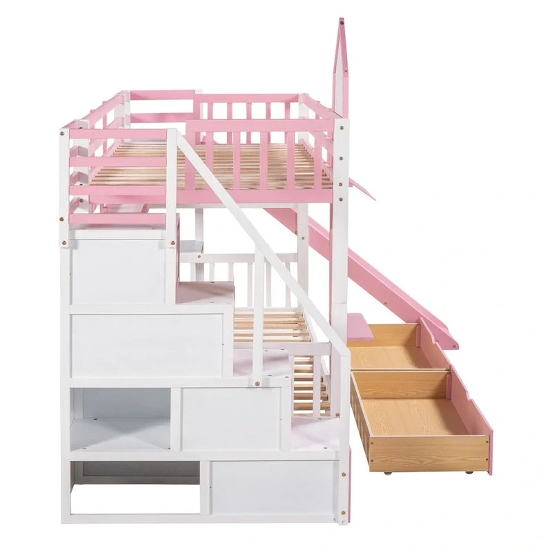 Twin-Over-Twin Castle Style Bunk Bed with Drawers,Shelves,Slide