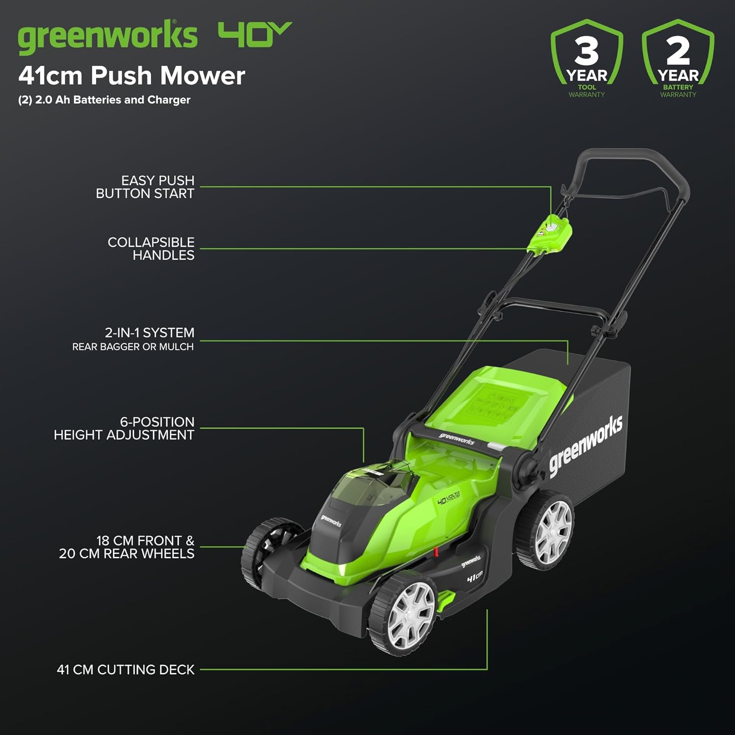 Greenworks G40LM41K2X Tondeuse à Gazon sans Fil pour Pelouses Jusqu'à 500m², Largeur de Coupe 41 cm, Sac de 50L, INCLUS Deux Batteries 40V 2Ah et Un Chargeur, Garantie 3 Ans