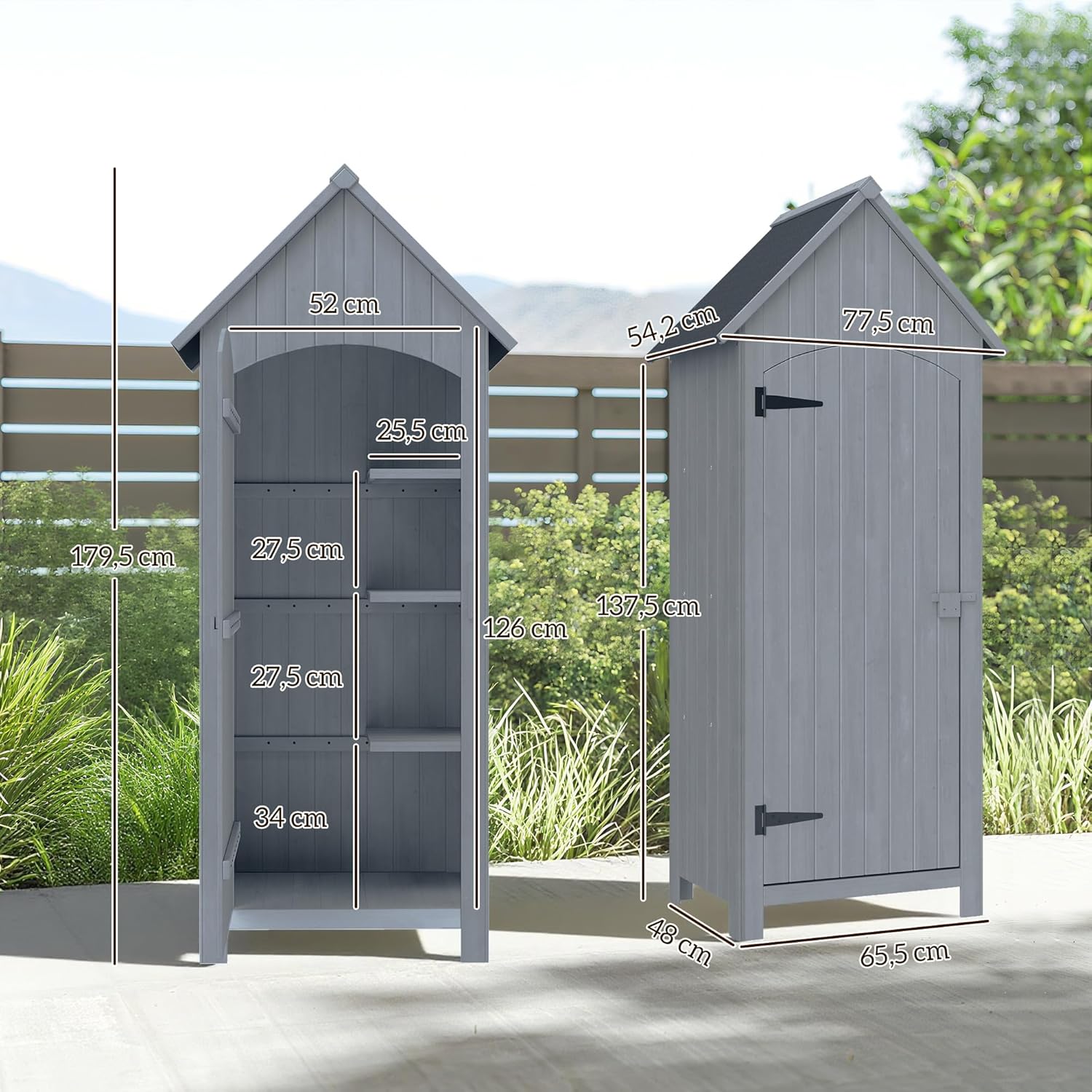 Outsunny Abri de Jardin en Bois cabane de Jardin Exterieur Armoire de Jardin avec Toit bitumé 3 étagères Porte avec loquet Rangement et Stockage extérieurs pour terrasse 77,5 x 54,2 x 179,5 cm Gris
