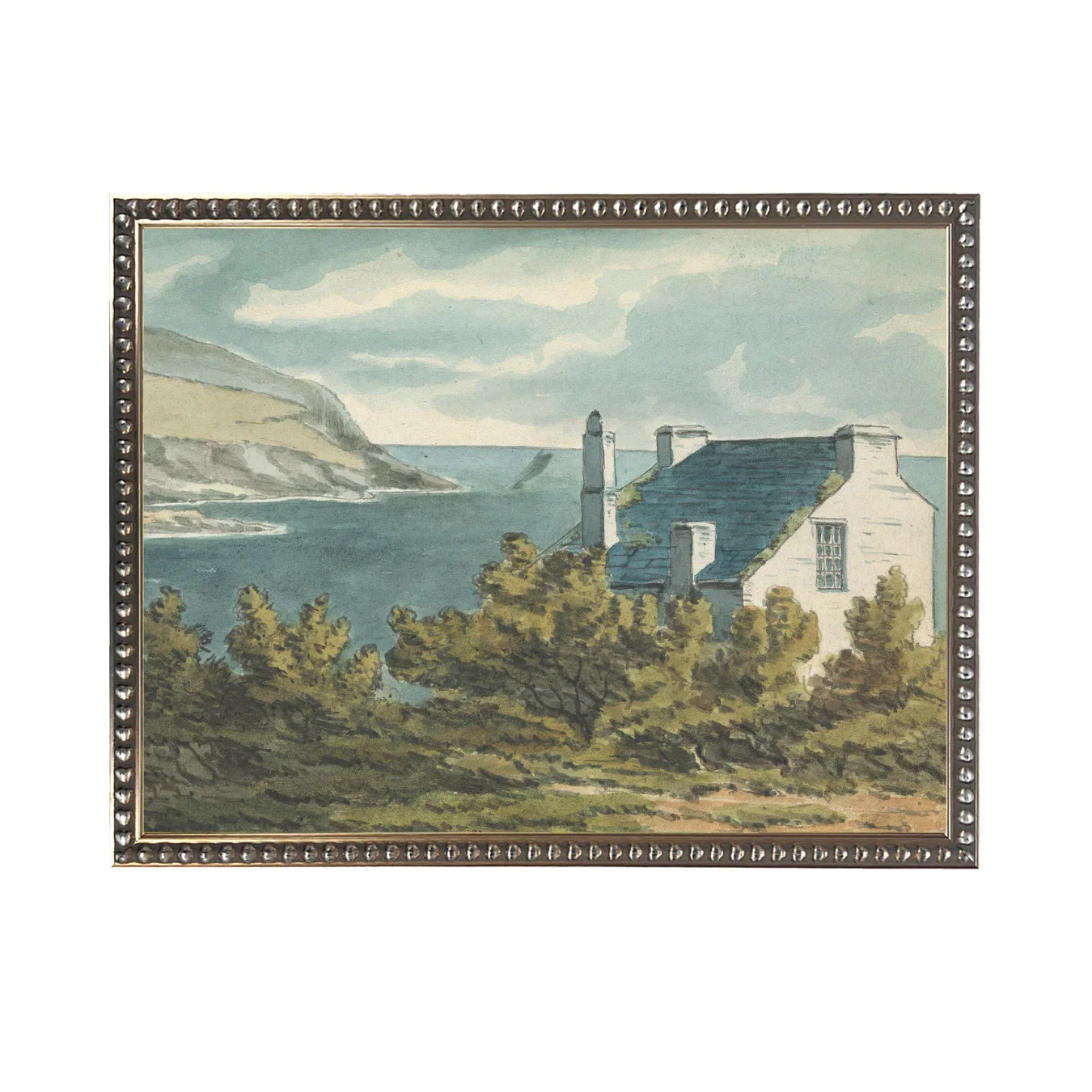 Vintage Watercolor Lakeside Property Framed Art
