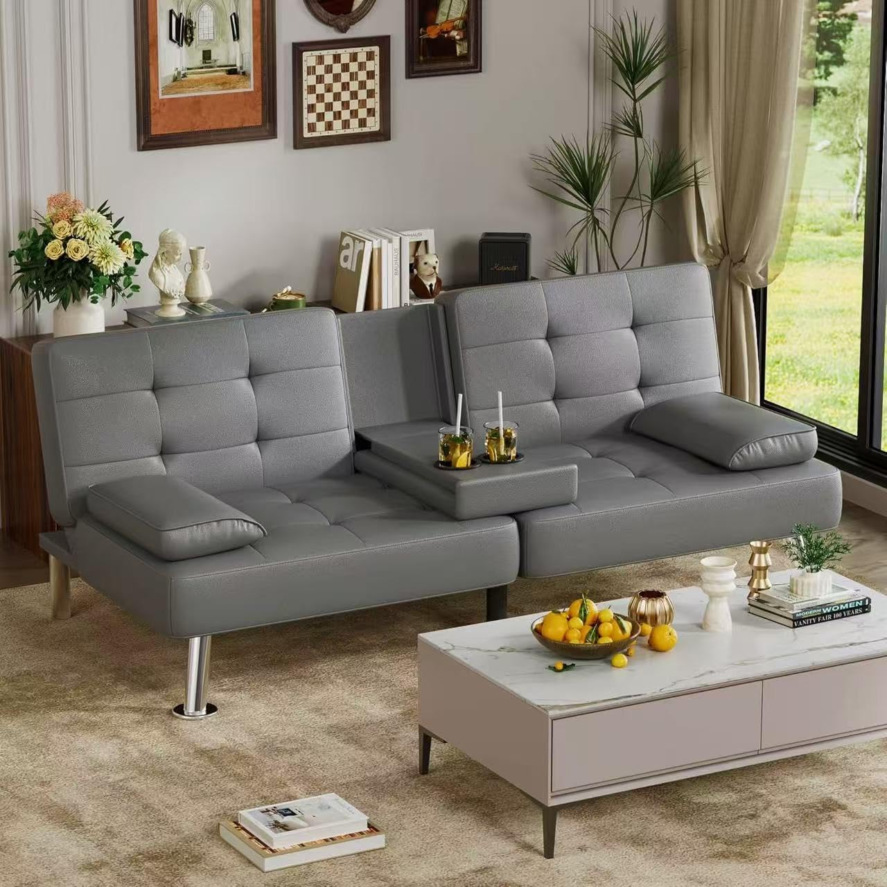 Homall Futon Sofa Bed Leather Futon Couch Removable Armrests Adjustable Recliner Sofa Bed