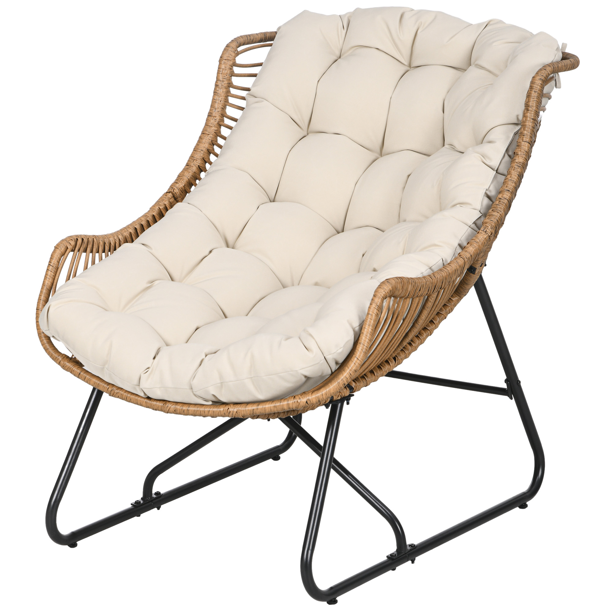 Outsunny Tuin Lounge, Rotan look, Buitensstoel, met Kussen, Metalen frame, 75x101x90 cm, Natuur/Khaki/Zwart