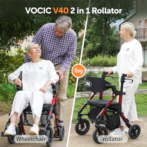 VOCIC Deambulatore per sedia a rotelle 2 in 1, pieghevole e leggero, con sedile, pneumatici in gomma per esterni, per tutti i terreni, leggeri con tasca a rete, in alluminio, colore rosso : Amazon.it: Salute e cura della persona