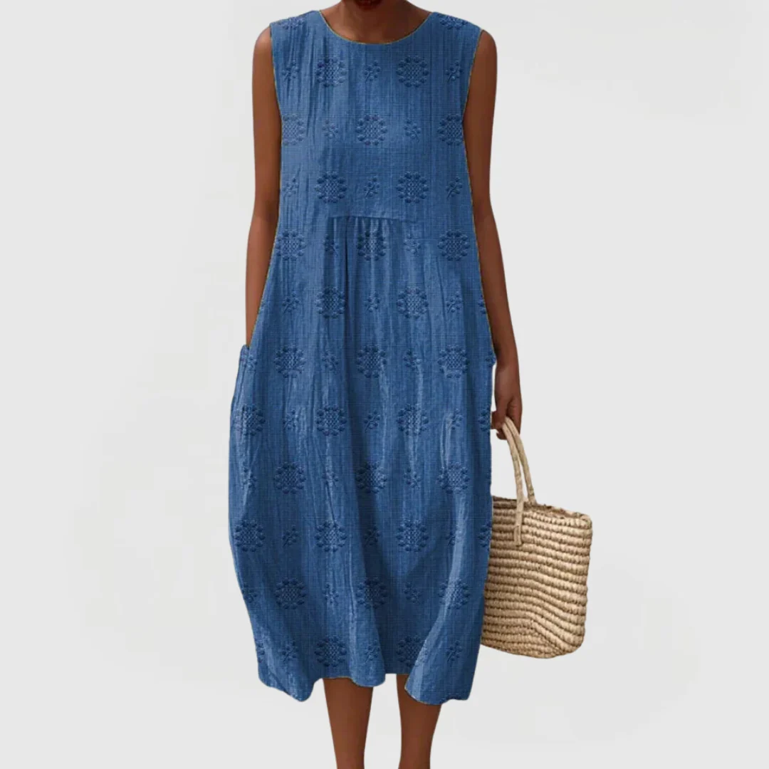 Womena??s Sleeveless Summer Dress with Floral Embroidery and Pockets