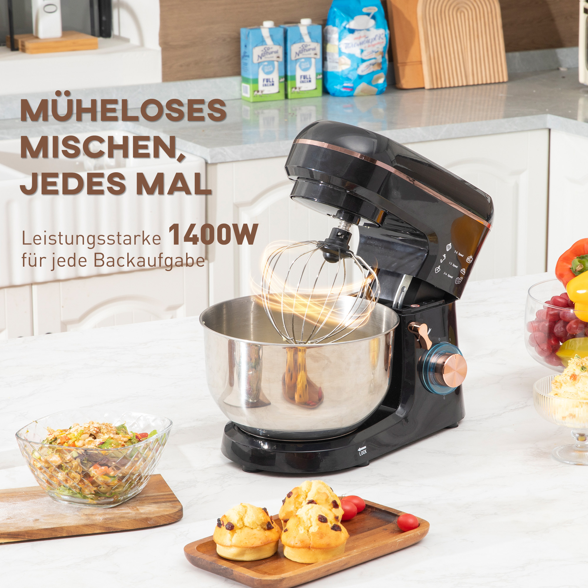 HOMCOM Staande Mixer, Keukenmachine, Mixer, 6 Standen, 5,5L Roestvrijstalen Kom, Zwart