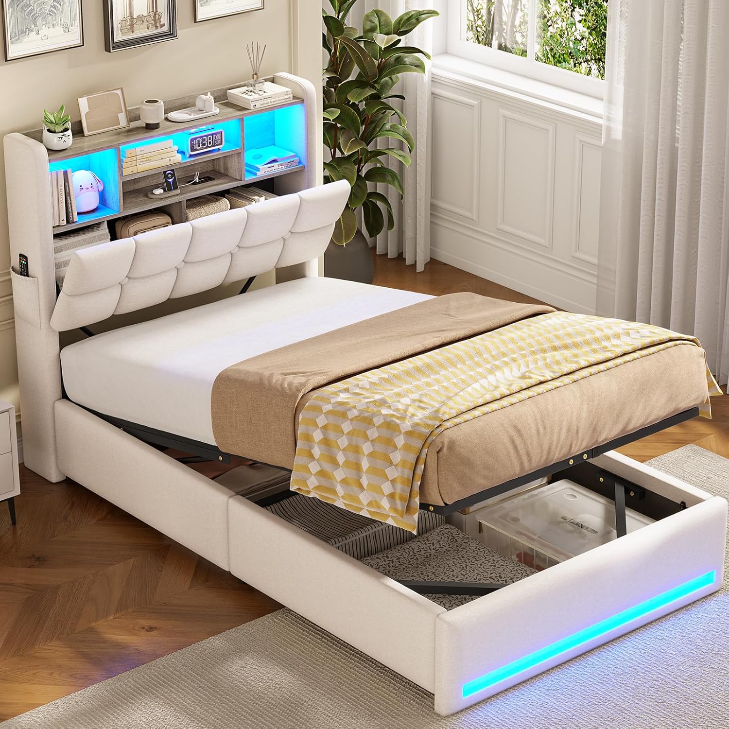AOGLLATI Polsterbett 90×200cm Hydraulisches Stauraumbett mit LED-Bleuchtung Jugendbett mit Ladestation Einzelbett mit Stauraum Kopfteil, Leinenstoff, ohne Matratze (Beige, 90x200cm)