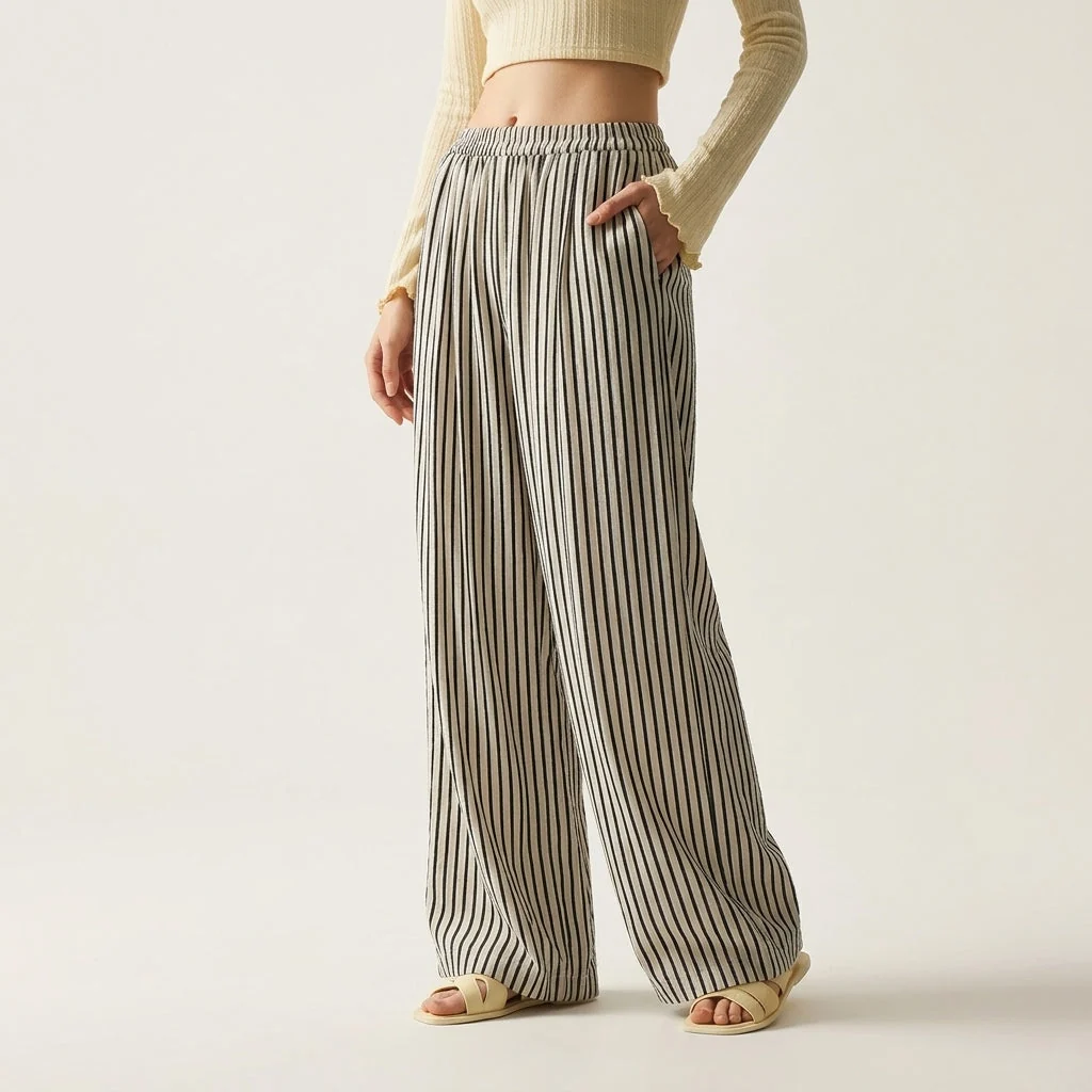 Women��s Wide Leg Linen Trousers Striped Design for Summer
